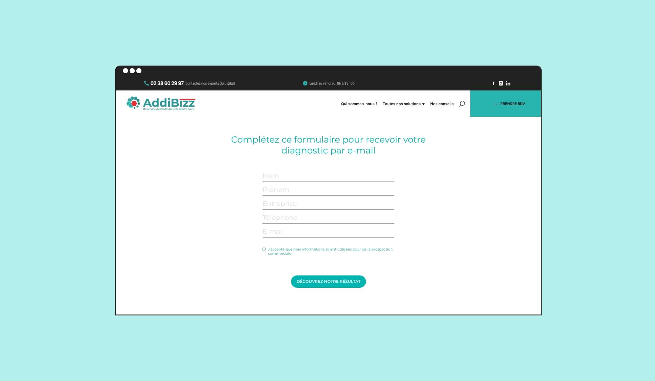 Design d'interface utilisateur pour AddiBizz sur desktop