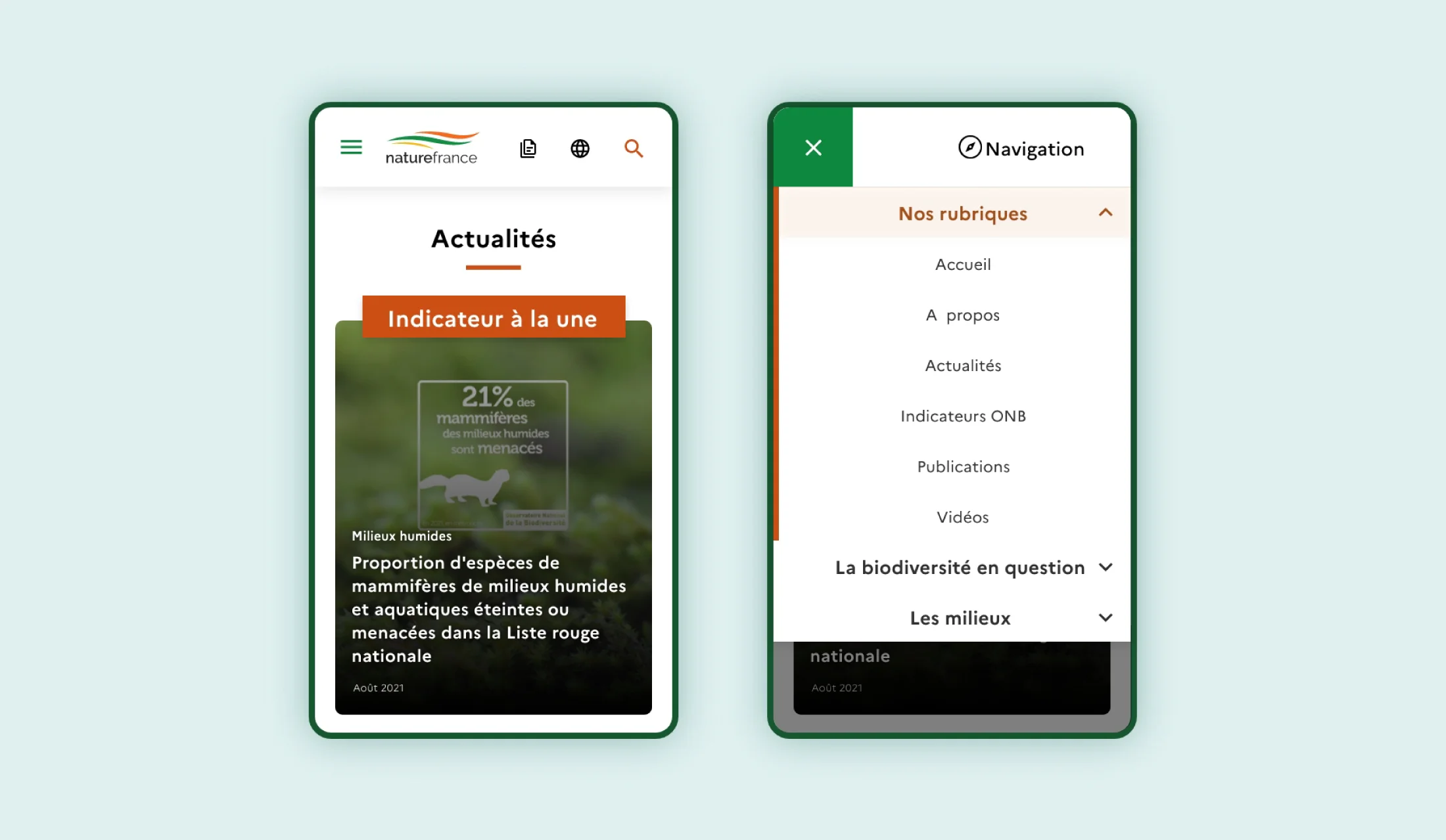 Vue mobile de la navigation du site Nature France
