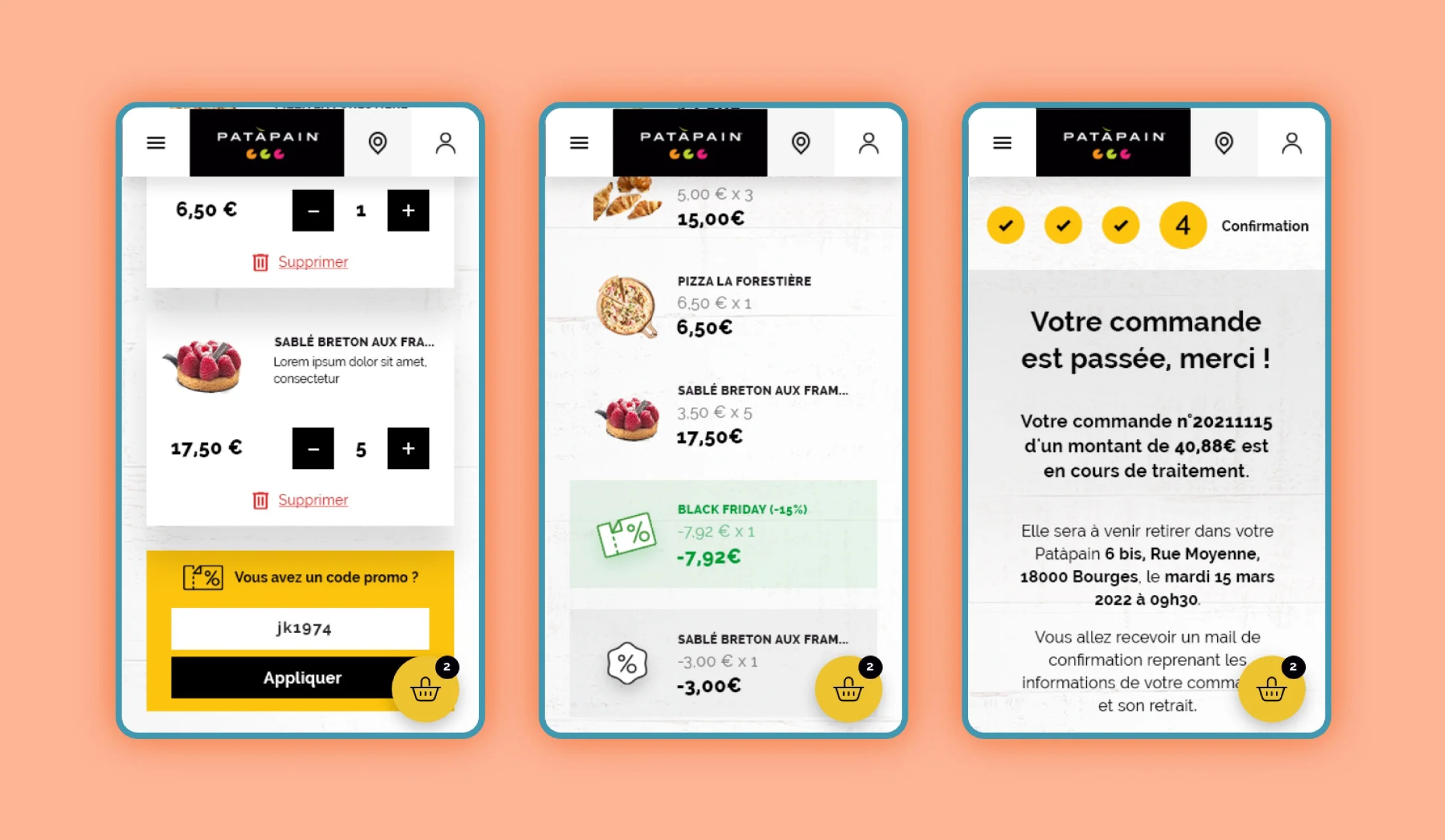 Étapes d'une commande via le site patapain